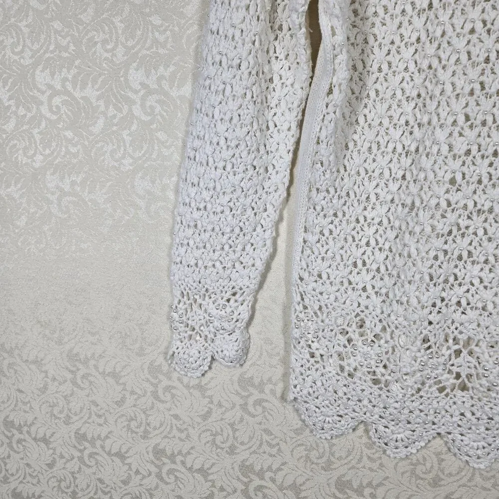 VTG Venezia Crochet Cardigan Sweater 14/16 Ivory Pearls Grandmacore Cottagecore